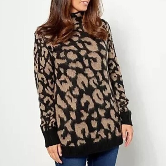TWO PACK Animal Print Mock Neck Sweaters in GRAY and BLACK/TAN - Picture 1 of 16